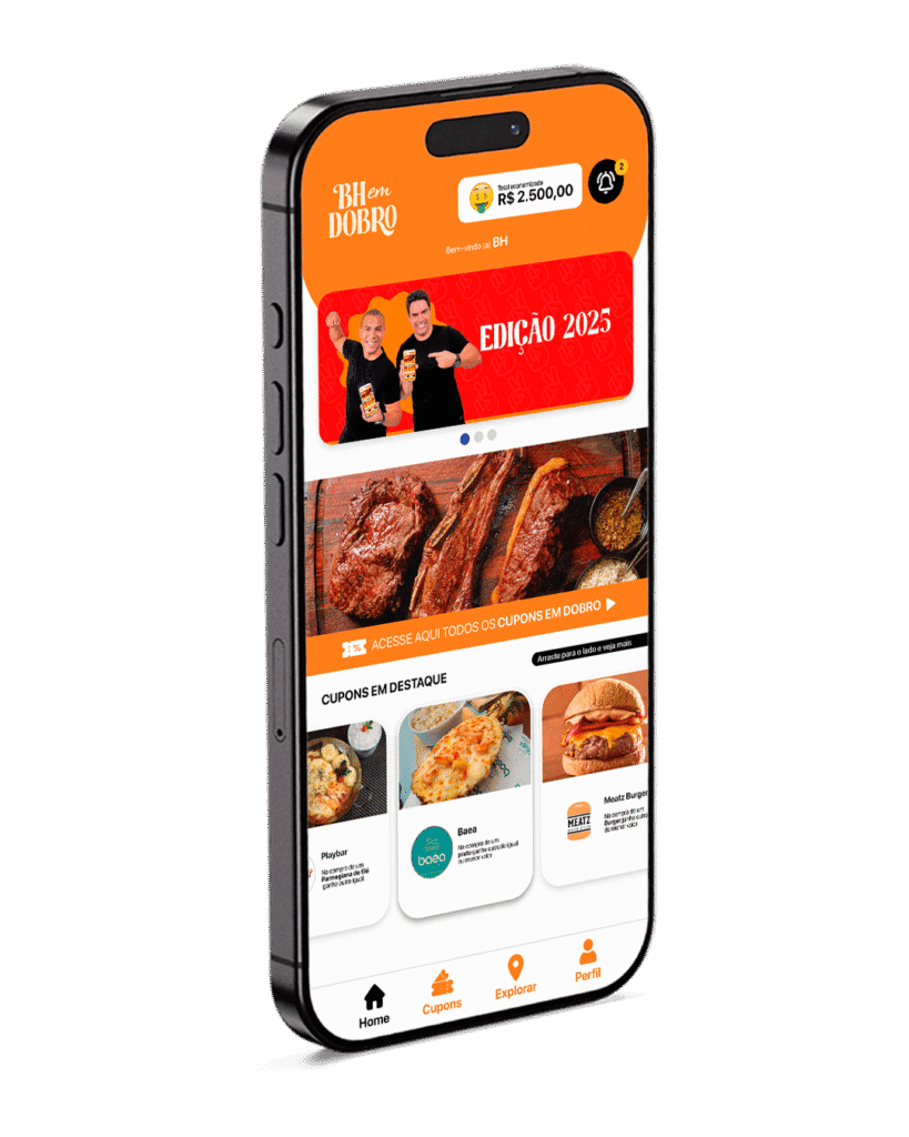 App BH em Dobro: tela inicial, mapa interativo e lista de cupons